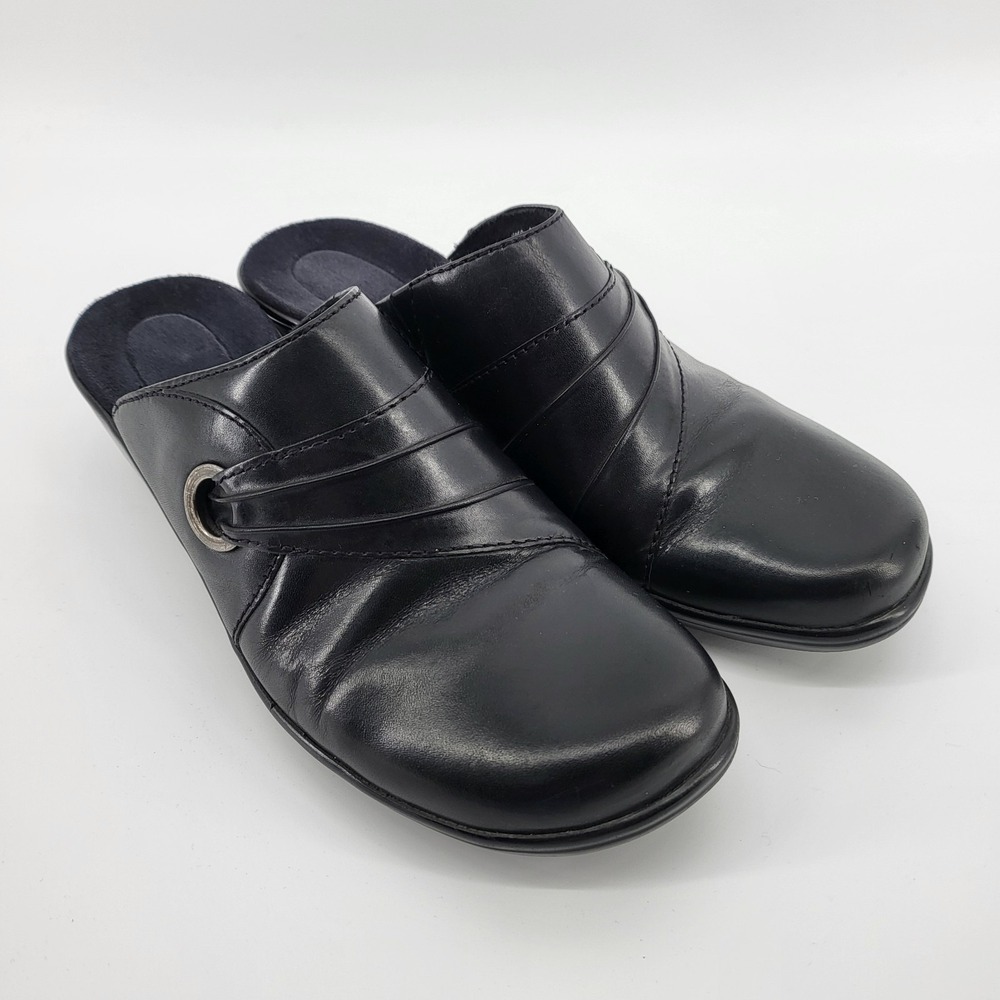 Clarks Womens Black Leather Mule Clog Size 9.5 M Shoes 2in Heal 62959